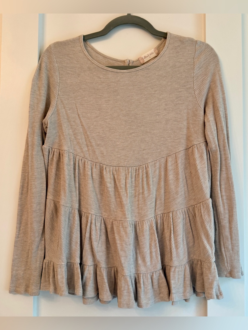 Altar’d State Ribbed Long Sleeve Ruffle Hem Top - Beige